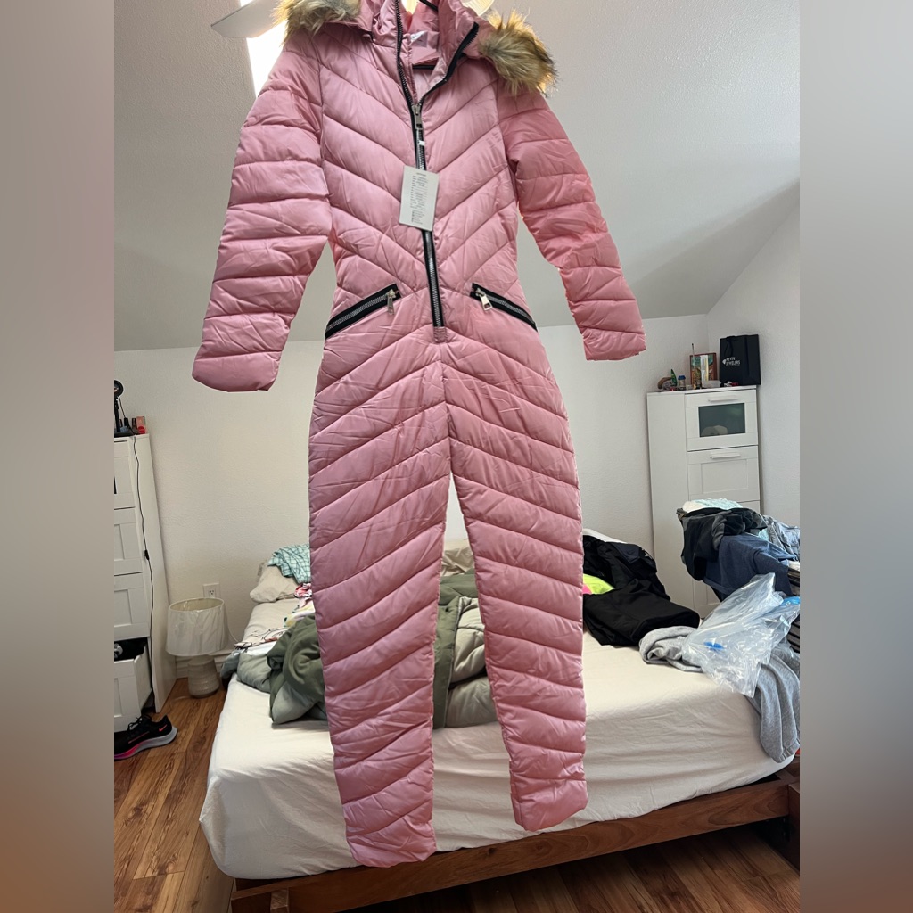 Women's Pink Ski One-Piece Snowsuit With Fur-Trim Hood